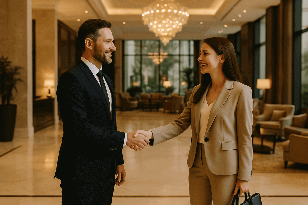 Business partners shaking hands in a luxury hotel lobby